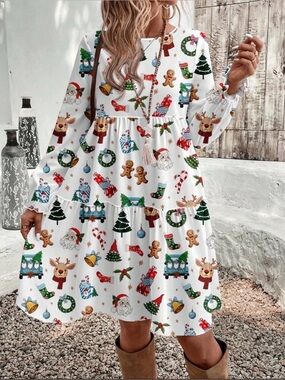 SHEIN White Christmas Print Tiered Midi Dress with Red & Green Accents